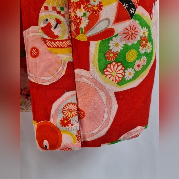 Vintage red japanese kimono, floral crane print, red pink green, handmade - Picture 8 of 14